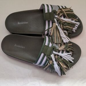 Rodebjer Olive & White Tassel Slide Gaby Sandals (US 8)